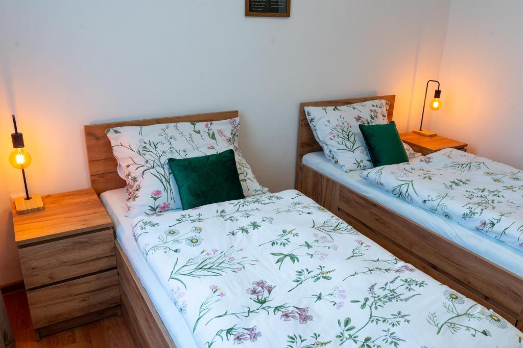 two twin beds in a room with two lamps at Green House in Banka