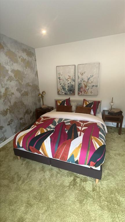 a bedroom with a large bed with a colorful blanket at Climatisation, Parking privé, Maison plein pied proche gare, 1 chambre, capacité 4 in Brétigny-sur-Orge