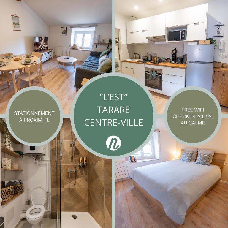 a collage of photos of a small apartment with a kitchen and a living room at Appartement central - L'est in Tarare