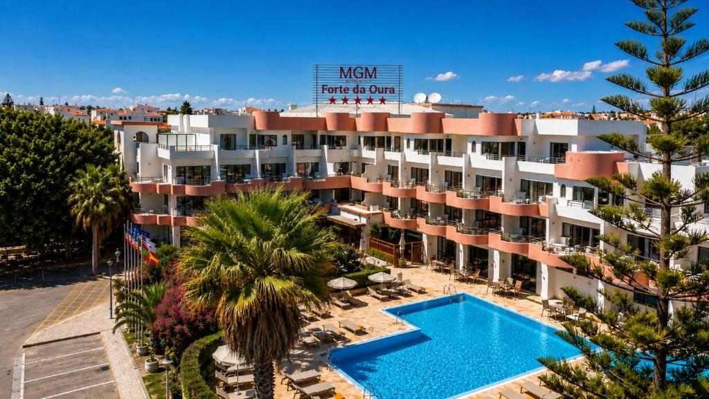 an aerial view of a hotel with a swimming pool at Grand Muthu Forte Da Oura in Albufeira