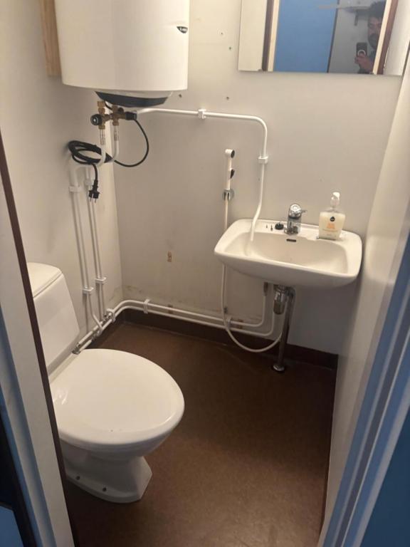 a small bathroom with a toilet and a sink at Rivitalo 2 in Loimaa