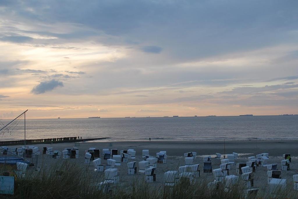 a group of white chairs on a beach near the water at Baltic Cafe & Concept Store in Maasholm