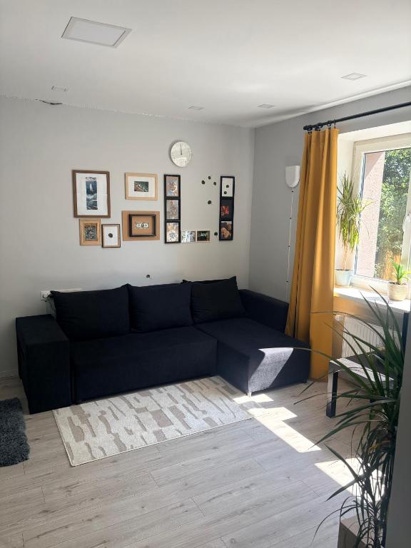 a blue couch in a living room with a window at Ziemeļblāzma in Riga