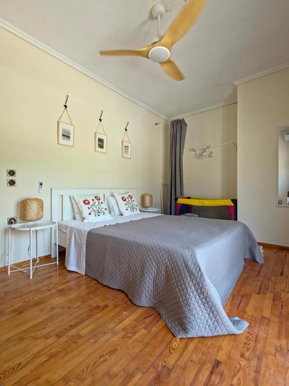 a bedroom with a bed and a ceiling fan at Full 3 Bedroom Apt-Summer Deal in Kerkini