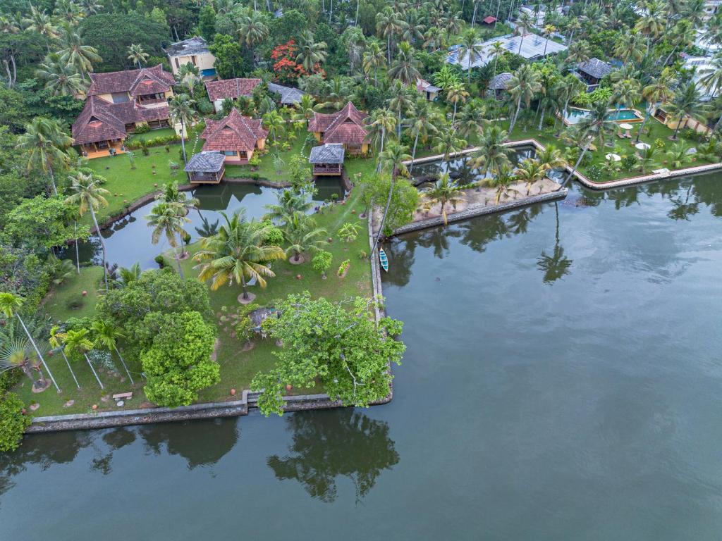 an aerial view of a resort in the water at Ameya Kerala in Alleppey