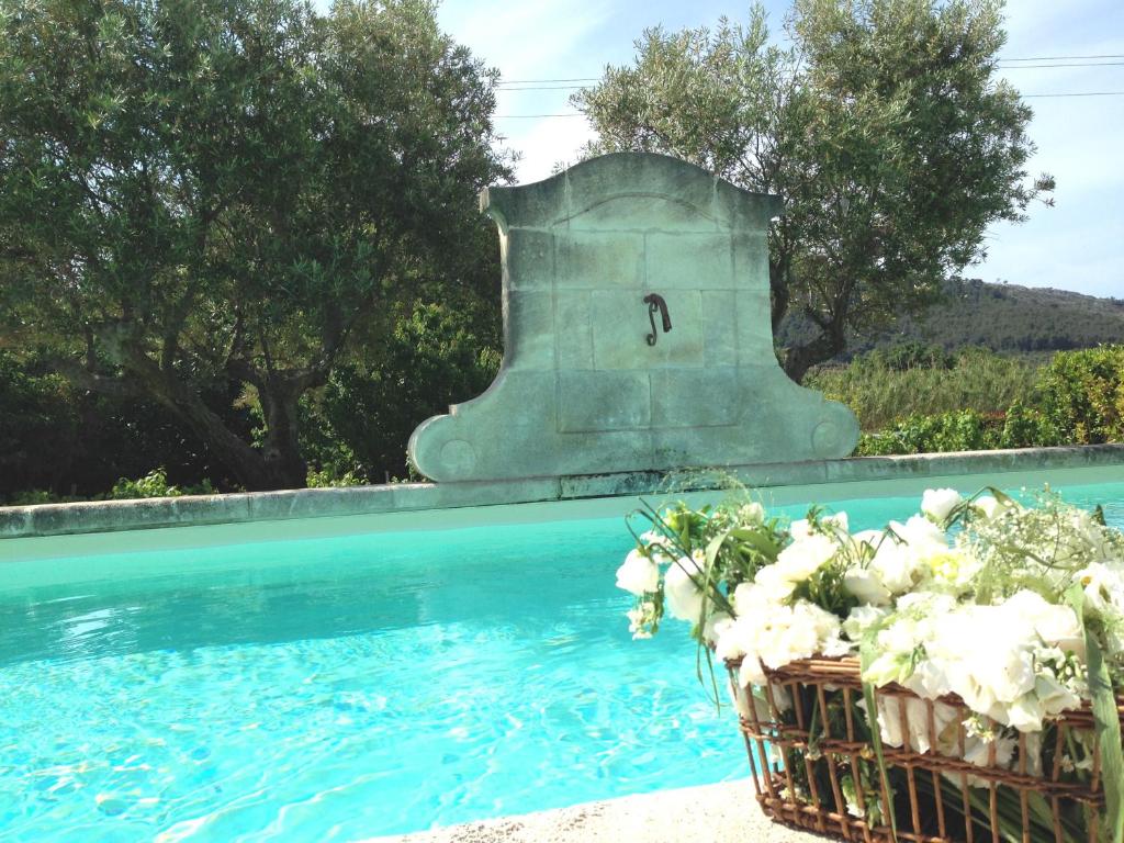 Bastide de Fontvieille في سان سير سور مير: سلة من الزهور بجوار حمام السباحة