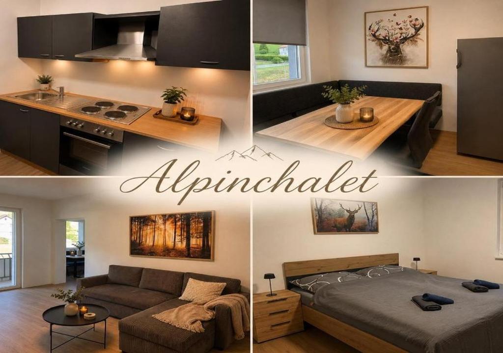 a collage of photos of a living room and an apartment at Alpinchalet Eisenerz in Eisenerz