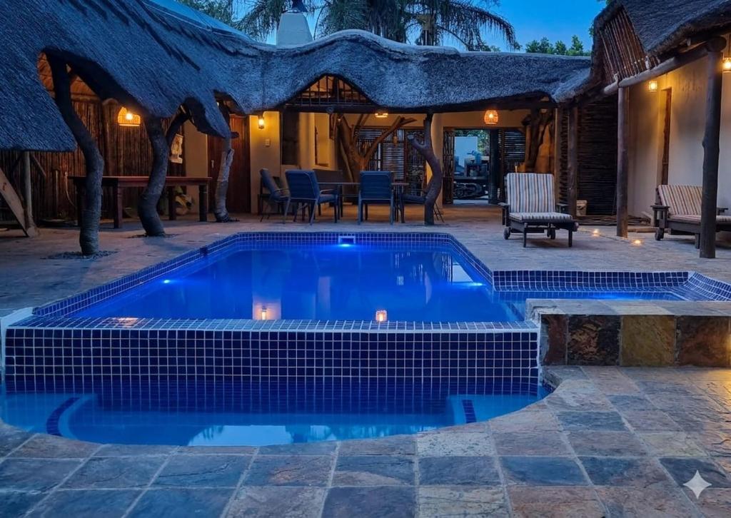 a swimming pool with a tiled patio and a house at Kimba Lodge and Tours in Phalaborwa
