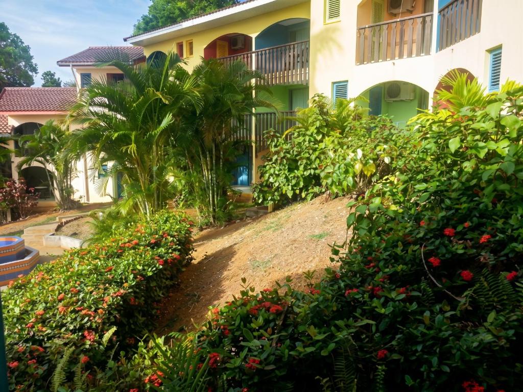 a house with a bunch of flowers in front of it at Studio charmant à Sainte-Anne avec piscine privée, 25 m² in Sainte-Anne