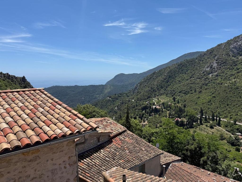 a view of the mountains from the roofs of houses at Studio with sea and mountain view in Sainte-Agnès