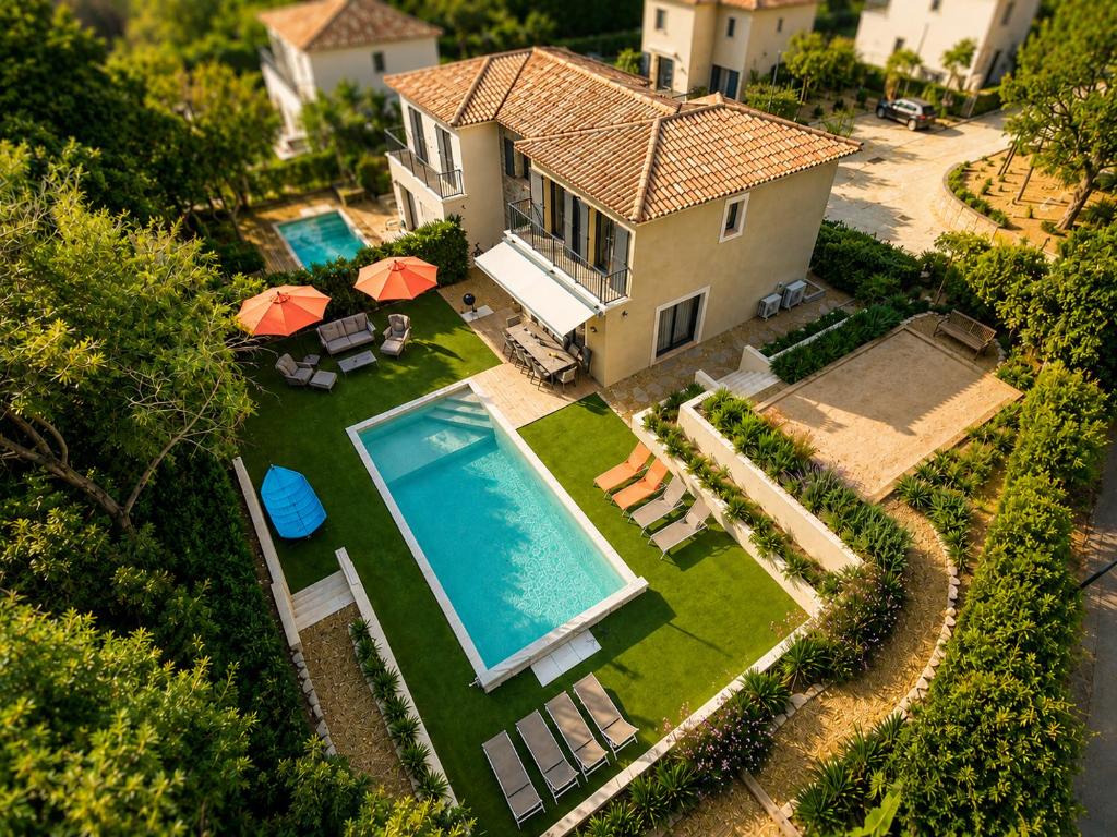 an aerial view of a house with a swimming pool at VillaGassin 403 - Luxury Villa with Private Pool near Saint-Tropez-Airco-parking in Saint-Tropez