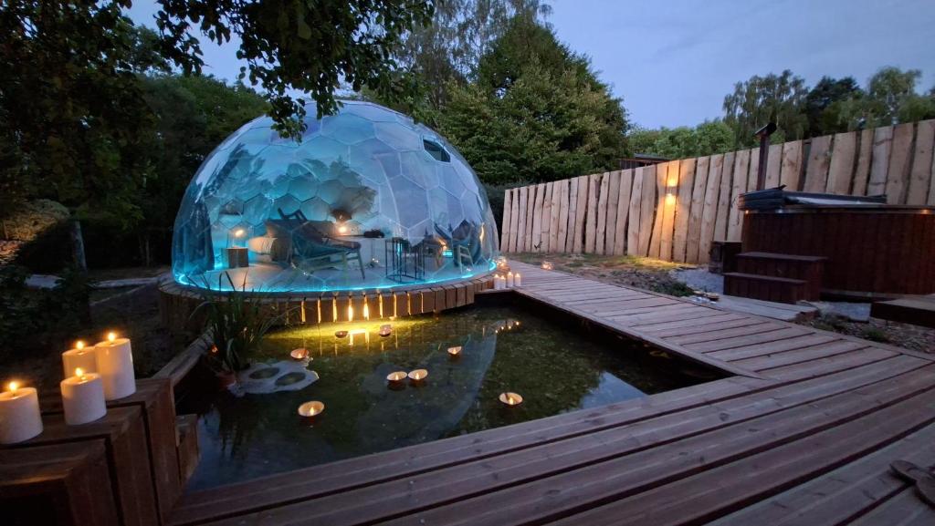 a garden with a pond in a dome with candles at Dôme Renard by Out & Lodge in Couvin
