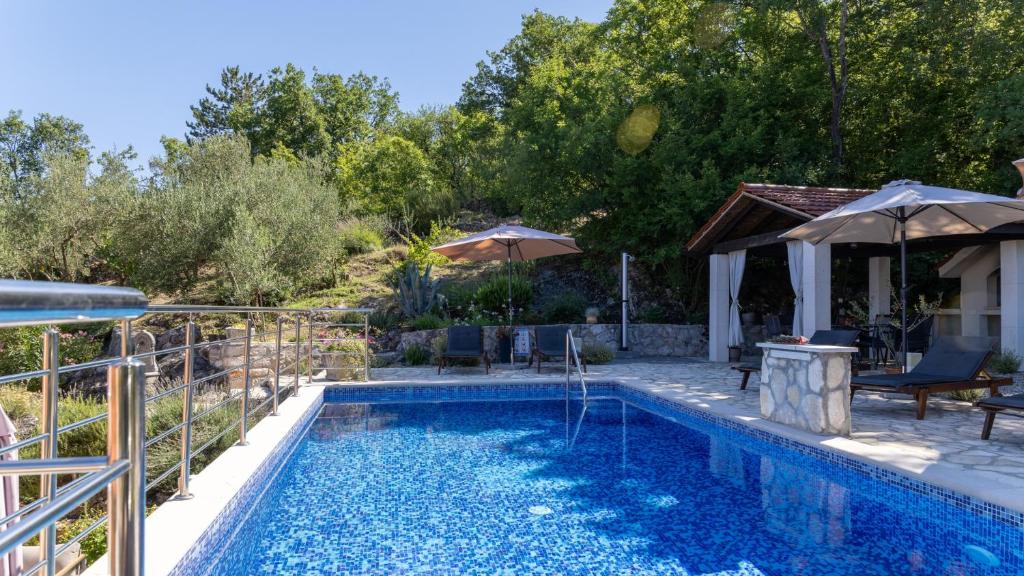 a swimming pool in a yard with an umbrella at Villa Emanuela by Villas Guide in Grubine