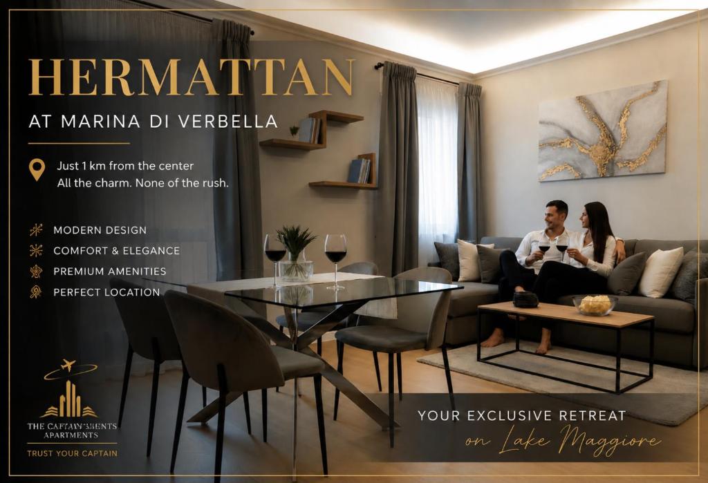 a rendering of a living room with a man and woman sitting on a couch at The Captain's Apartments Marina - next to Verbella - Leonardo Academy, MXP in Sesto Calende