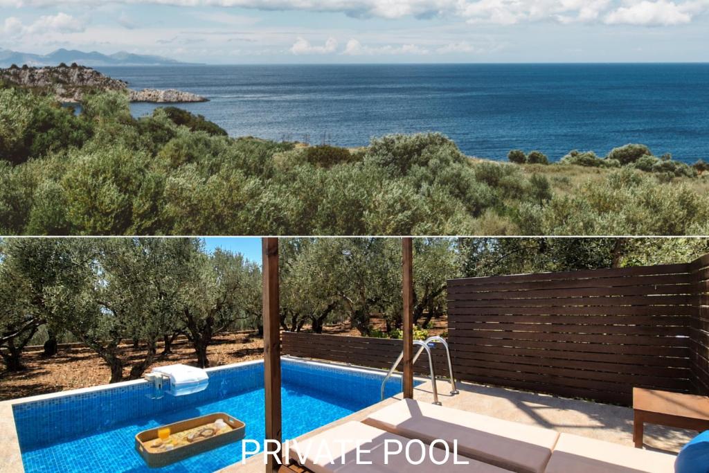 a villa with a swimming pool and a view of the ocean at Fexulis Studios & Suites in Agios Nikolaos
