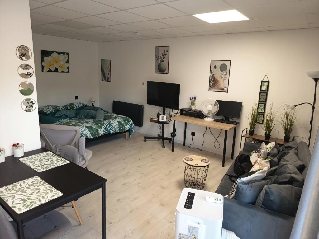 a living room with a couch and a bed at Peaceful apartment in Vierzon