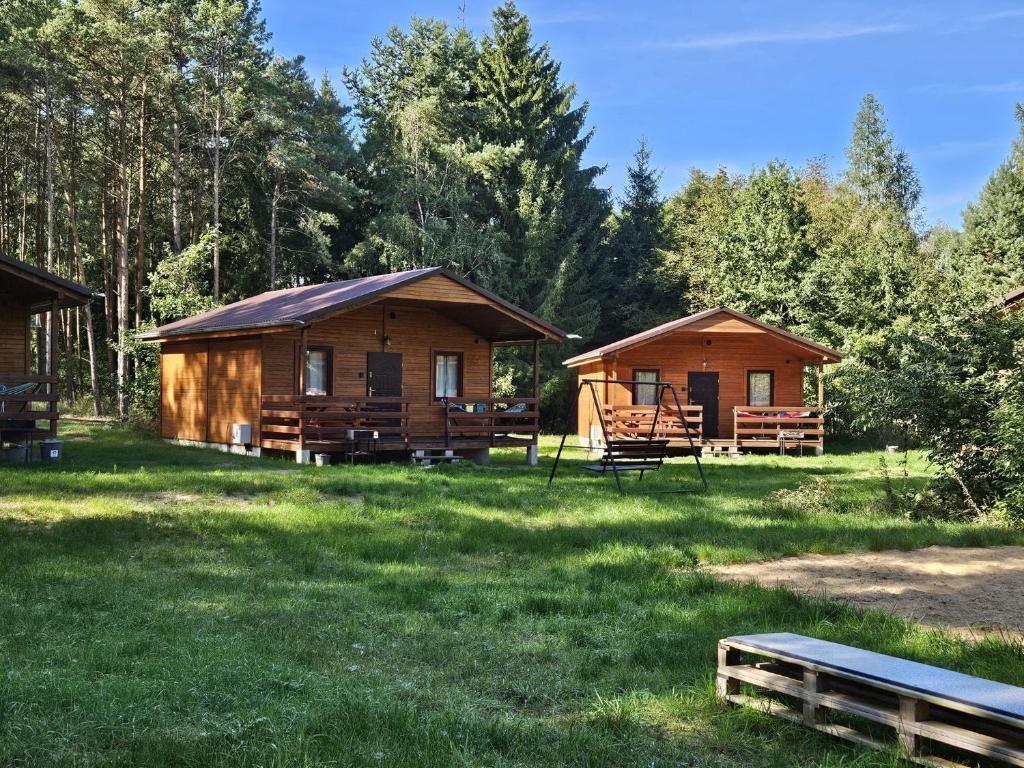 a group of cottages in a field with trees at Domki Letniskowe Morena in Ostrowo