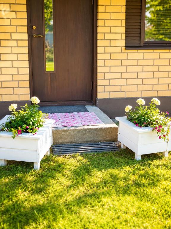 a porch with two potted plants in front of a door at Lakeuden Sydän in Kauhajoki