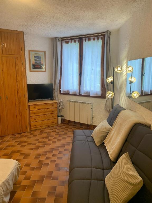 a living room with a couch and a television at Studio Cosy pied des pistes in Saint-Léger-les-Mélèzes