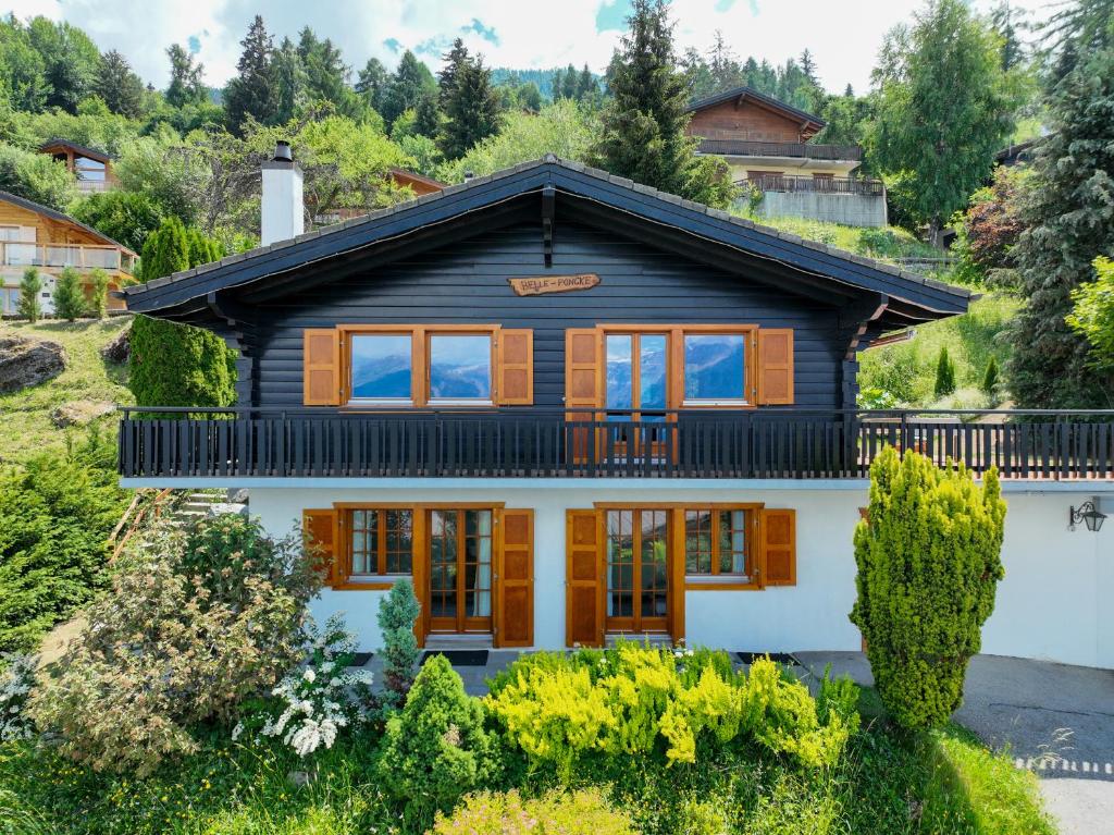 a house with a black and white at Chalet Belle Poncke by Jolidi in Nendaz