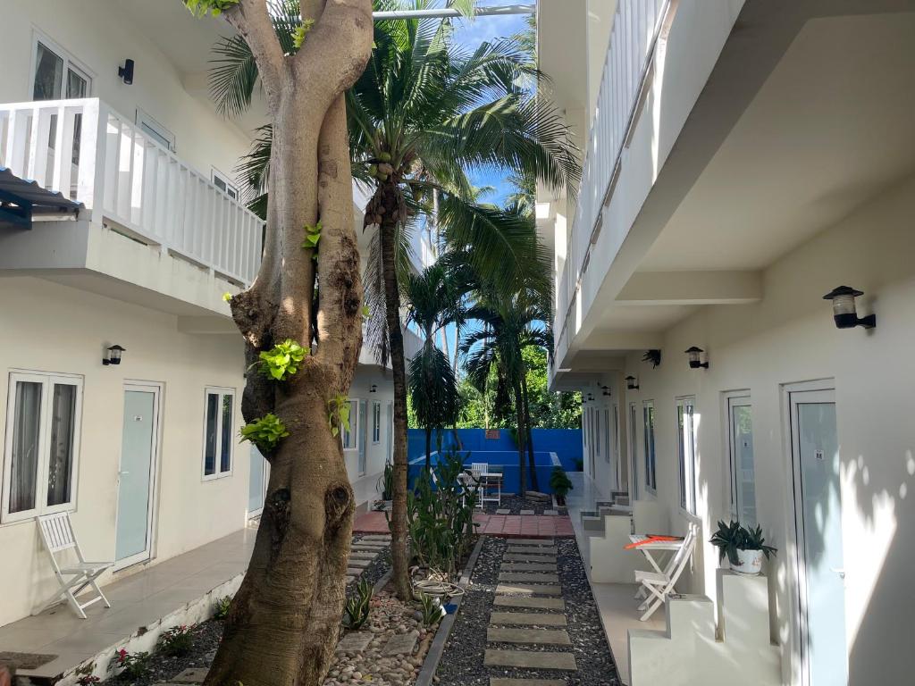 a palm tree in the courtyard of a building at La Mer Mũi Né Hotel in Ấp Thiện Long
