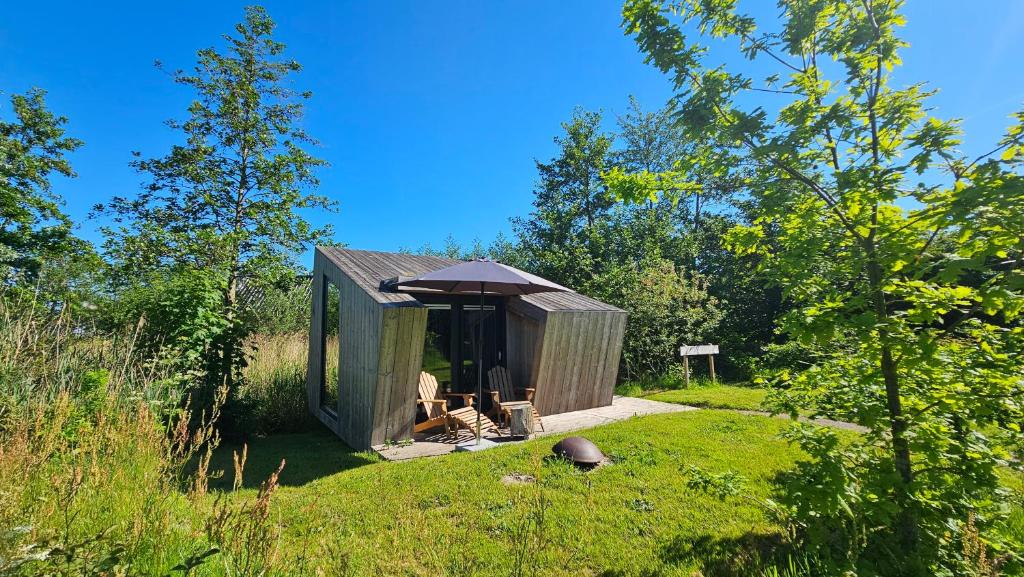 a small cabin in a field with an umbrella at Tiny House De Skries in Westergeest