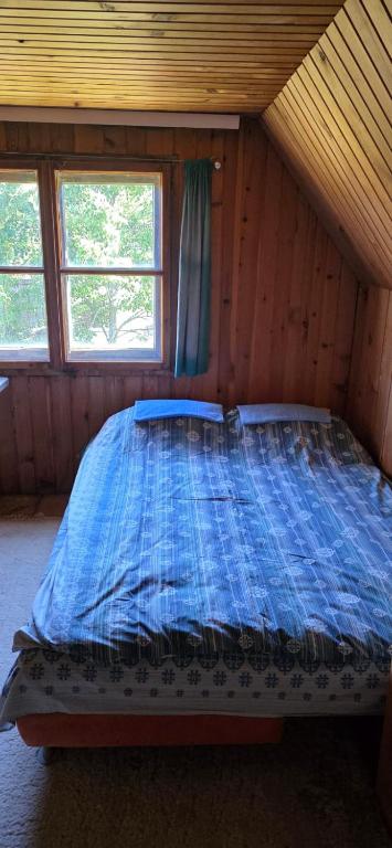 a bed in a wooden room with two windows at Macanovic Country House in Glibaći