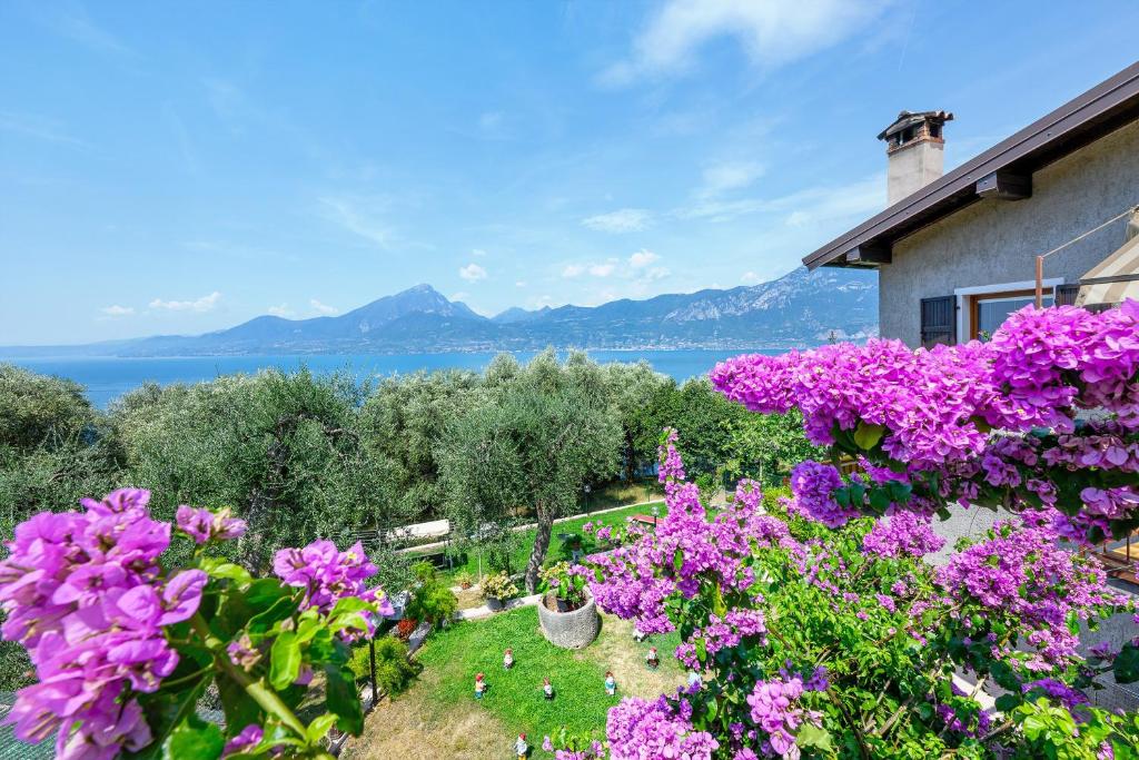 a garden with purple flowers in front of a house at Casa Antony in Torri del Benaco