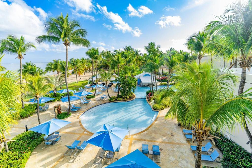 an aerial view of a resort pool with palm trees at Marriott Isla Verde Beach Resort in Carolina