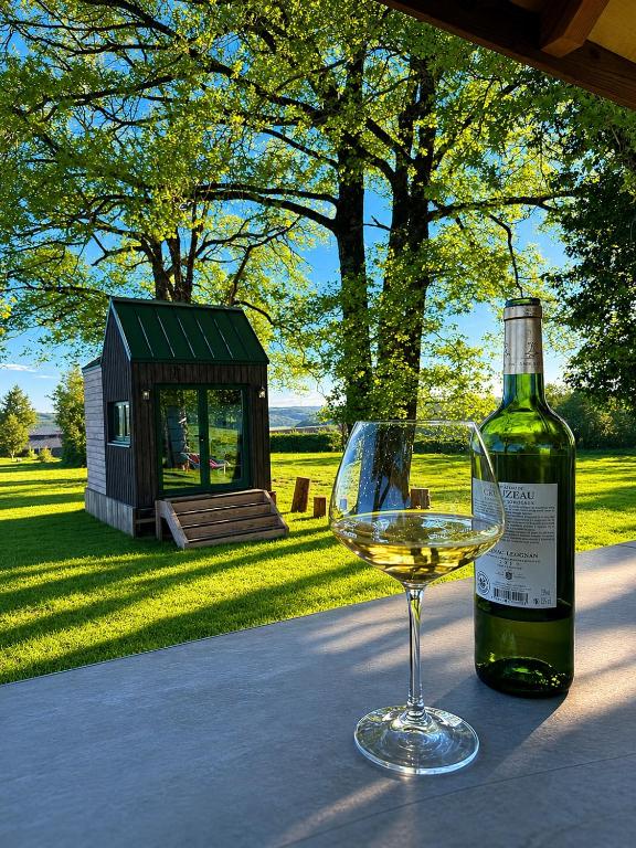 a bottle of wine and a wine glass on a table at Entre ciel et champs in Capendac