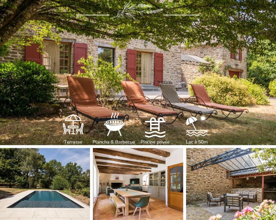 a collage of photos of a house with a pool and furniture at L'Oustal del Sully - Villa d'exception avec piscine, proche lac de Pareloup in Prades-Salars