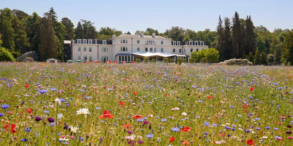 a field of flowers in front of a large house at Coworth Park - Dorchester Collection in Ascot