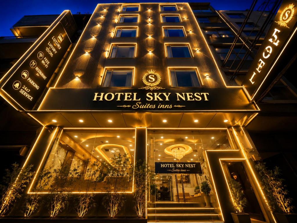 a hotel sign on the front of a building at Hotel Sky Nest Suites Near IGI Airport Delhi in New Delhi