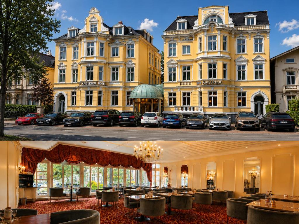 two pictures of a building with cars parked in front at Hotel Kaiserhof in Lübeck