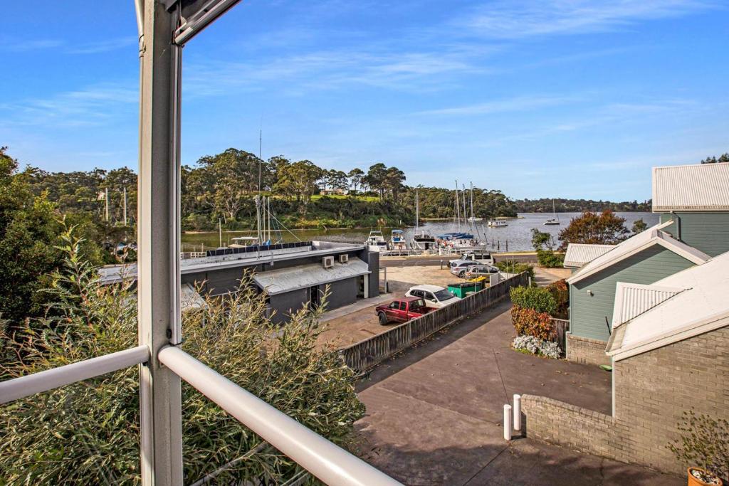 a view from a window of a marina at Bliss by the Bay in Metung