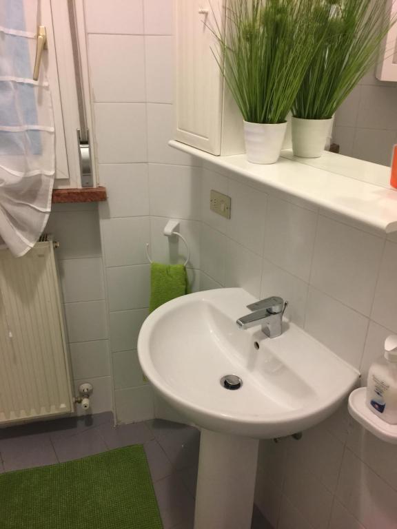 リーヴァ・デル・ガルダにあるLAKE & CASTLE VIEW apartmentの洗面台付きのバスルーム、棚に植物2本
