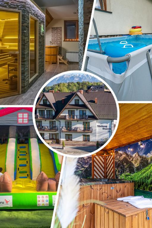 a collage of pictures of a house and a pool at Markowy Dworek in Białka Tatrzańska