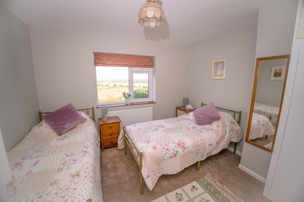 a bedroom with two beds and a window at Avalonia in Glastonbury