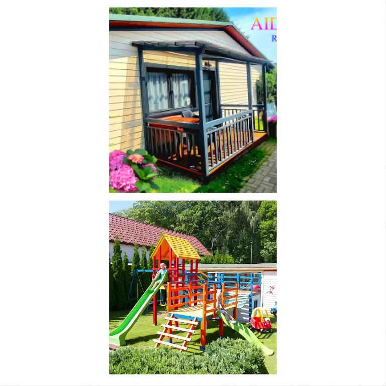 a house with a play set and a playground at AIDA Domki Letniskowe - domki 5 min od MORZA - Plac Zabaw & ANIMACJE dla DZIECI, ROWERY gratis dla Gości in Rewal