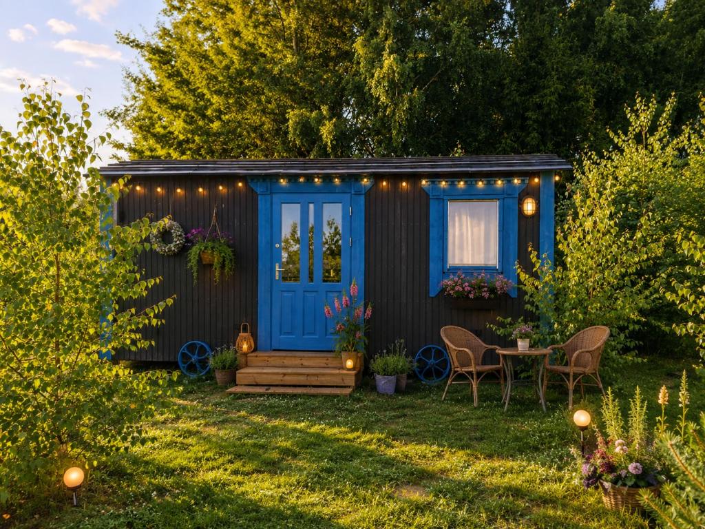 a tiny house with a blue door and a table at Tiny House Zajączki nad Narwią in Zajączki