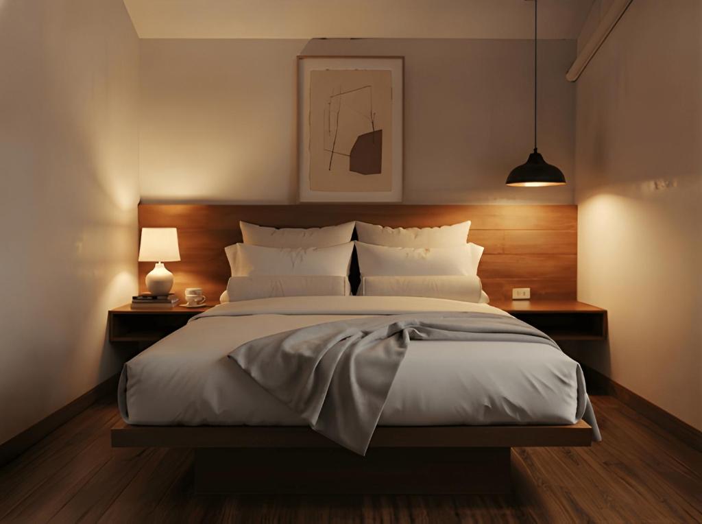 a bedroom with a large bed with white pillows at Zen Cove Villa - 5-Min Walk to Zen Beach, Srithanu in Haad Chao Phao