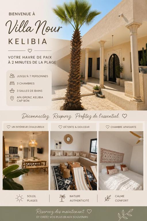 a collage of photos of a living room with a palm tree at Villa Nour Kélibia in Kelibia