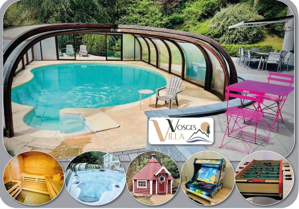 a collage of pictures of a pool with a house and a table at Villa 250m2 avec PISCINE chauffée & SPA & kota-grill & sauna in Saint Die