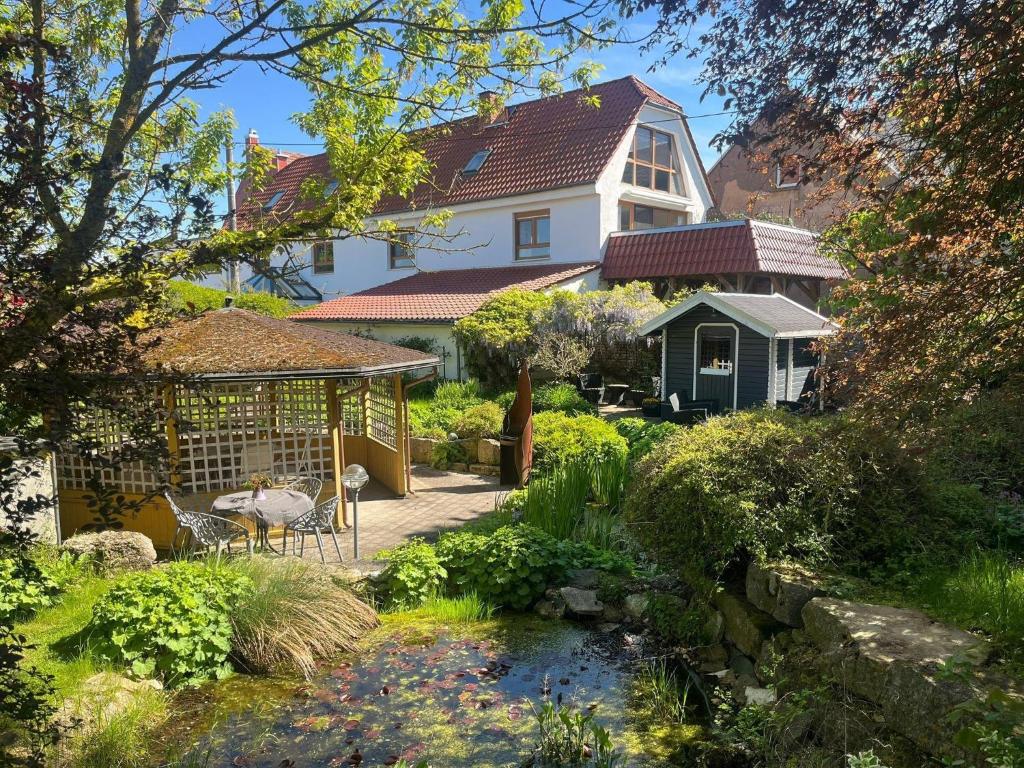 a house with a garden with a stream in front of it at Lieblingsplatz Appartement in Seelitz