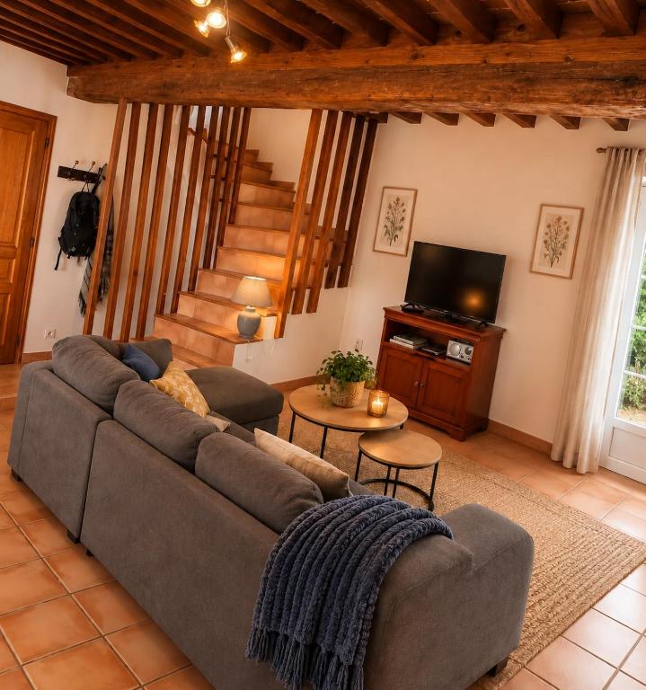 a living room with a couch and a television at La Longère de la Promenade in Château-Chinon