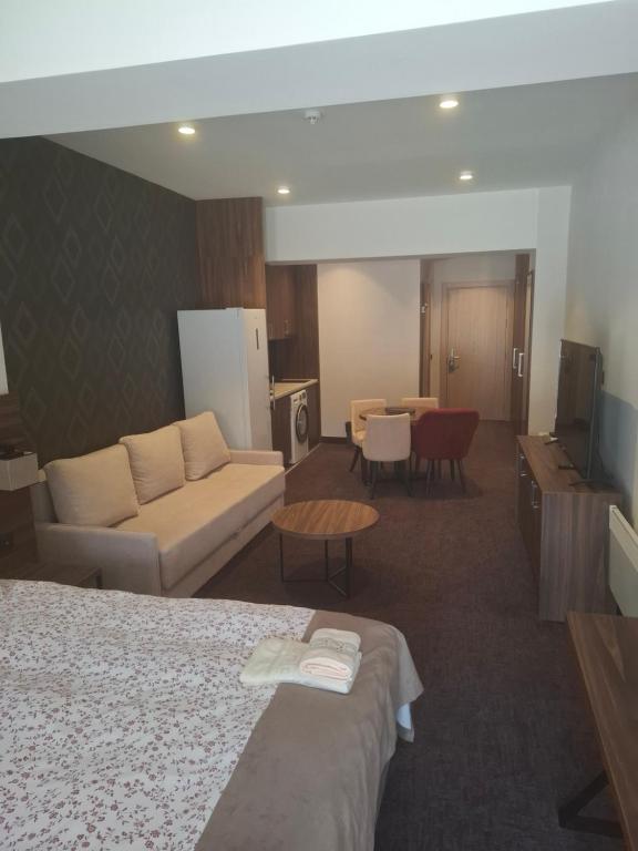 a hotel room with a bed and a couch at Lunas Apartmani in Kopaonik