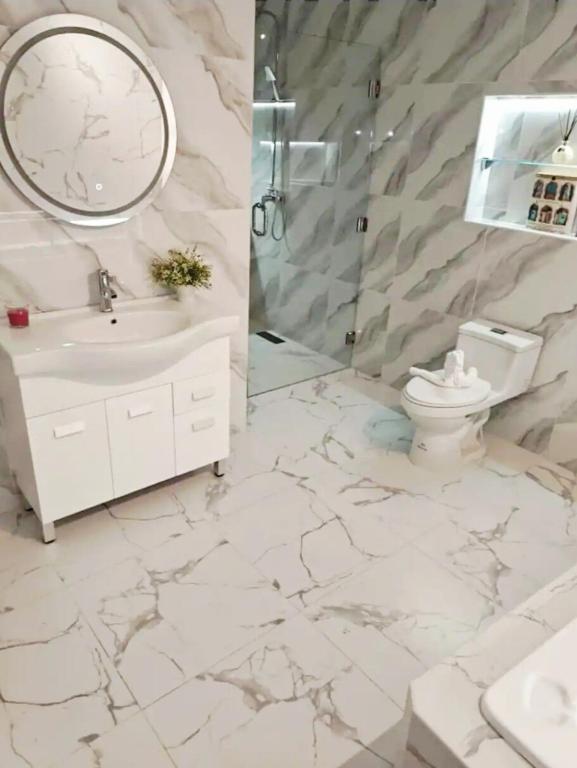 a bathroom with a sink and a toilet and a mirror at takara stay in Delmas