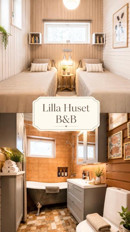 a small room with two beds and a sink at Lilla huset Bed & Breakfast - countryside guesthouse, free parking in Örebro