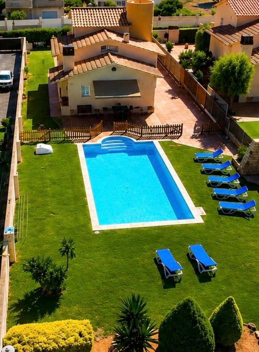 an aerial view of a swimming pool with lounge chairs and a house at Villa Neus Barà, jardín y piscina privada in Roda de Bará