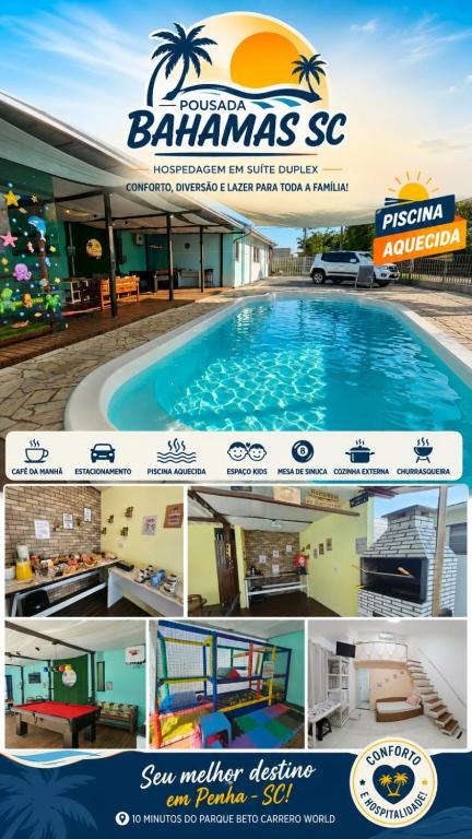 a collage of three pictures of a swimming pool at Pousada Bahamas Sc in Penha